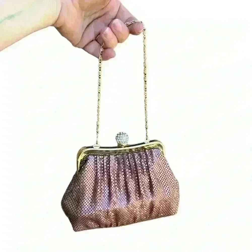 Kate Landry Crystal Sphere Copper Mesh Frame Evening Bag with gold chain